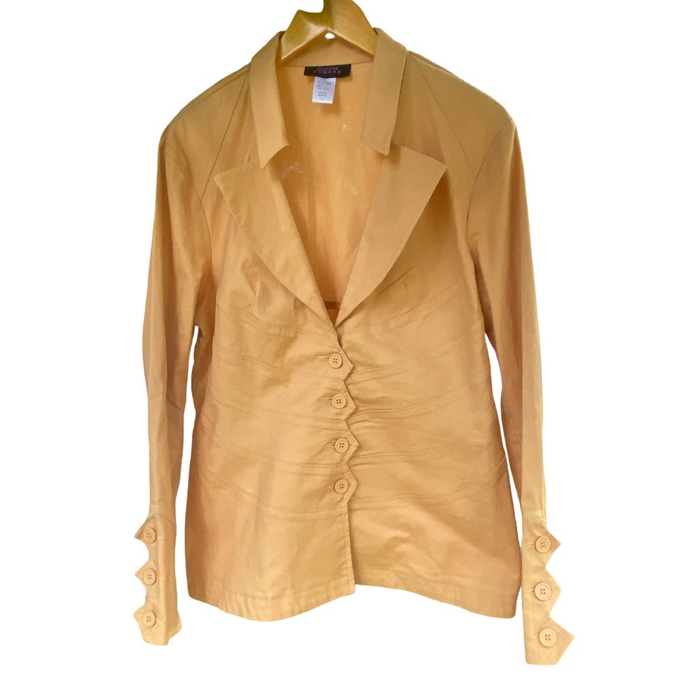 Suzanne Somers Yellow Wavy Stitch Zig Zag Button Front Blazer Jacket Womens 16
